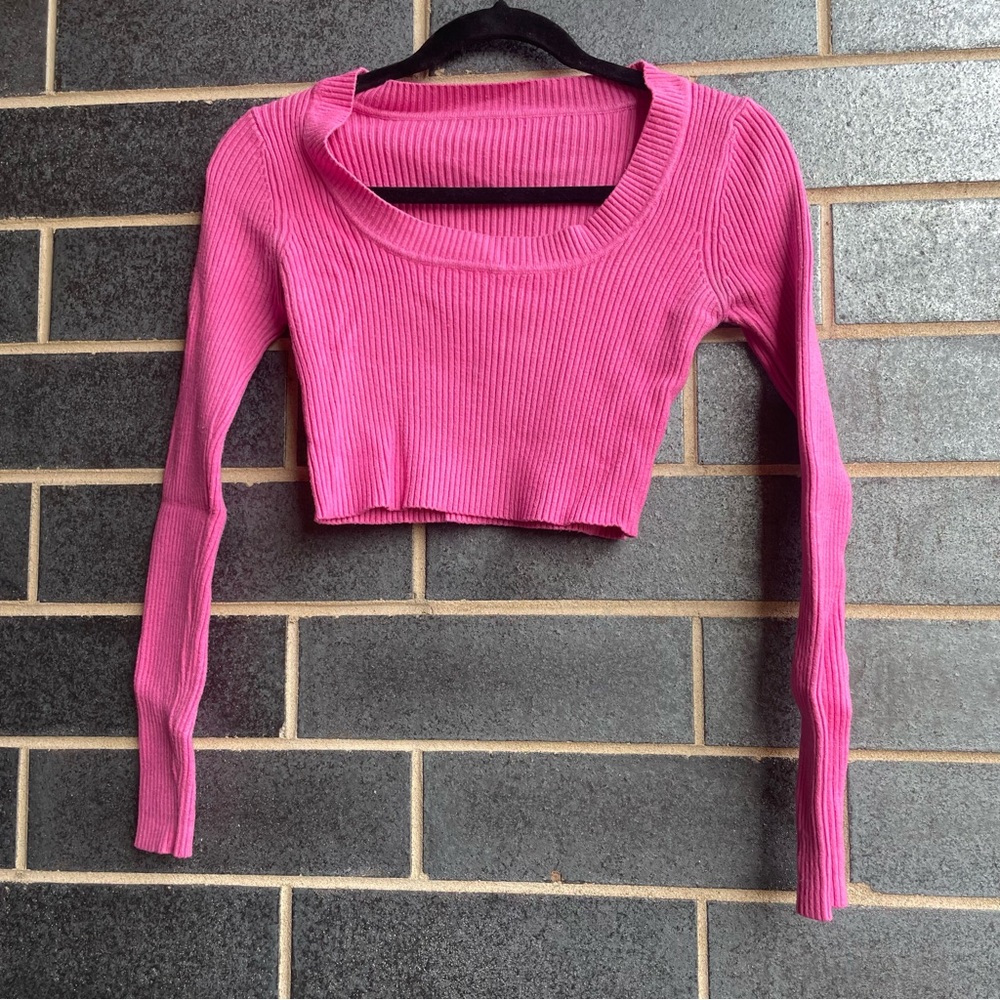 SHEIN Pink Fitted Long Sleeve Crop Blouse